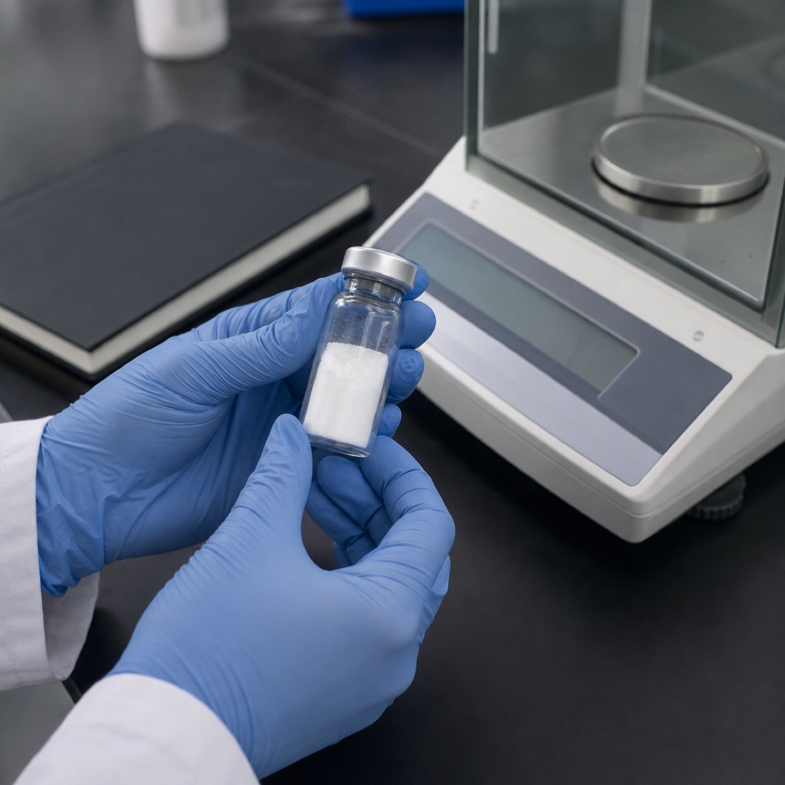 Gloved hands holding a vial of lyophilized powder beside an analytical balance